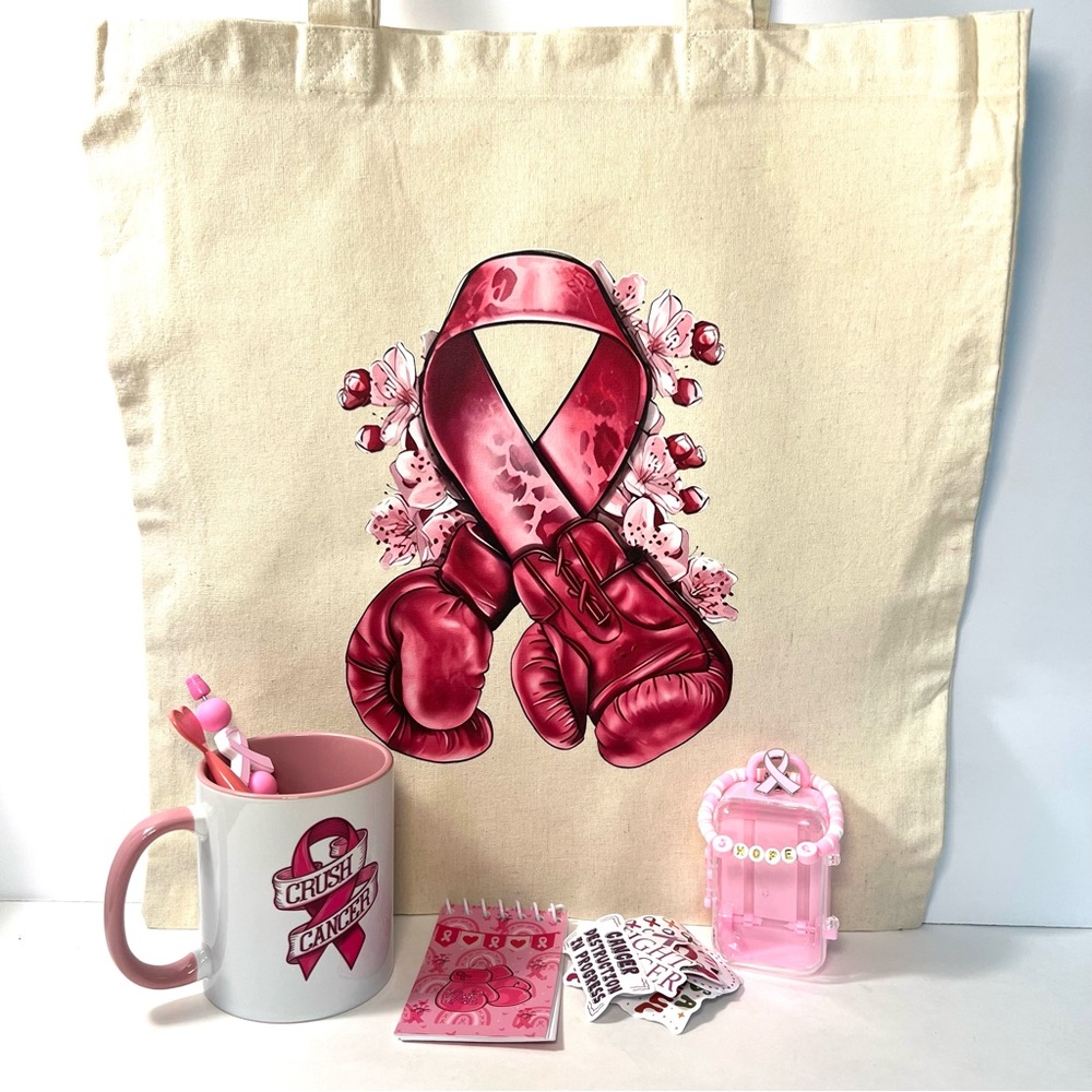 Breast Cancer Awareness Gift Bundle |Tote, Mug, Bracelet, Notepad & Stickers